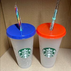 Starbucks Confetti Cups with Blue and Orange Lids
